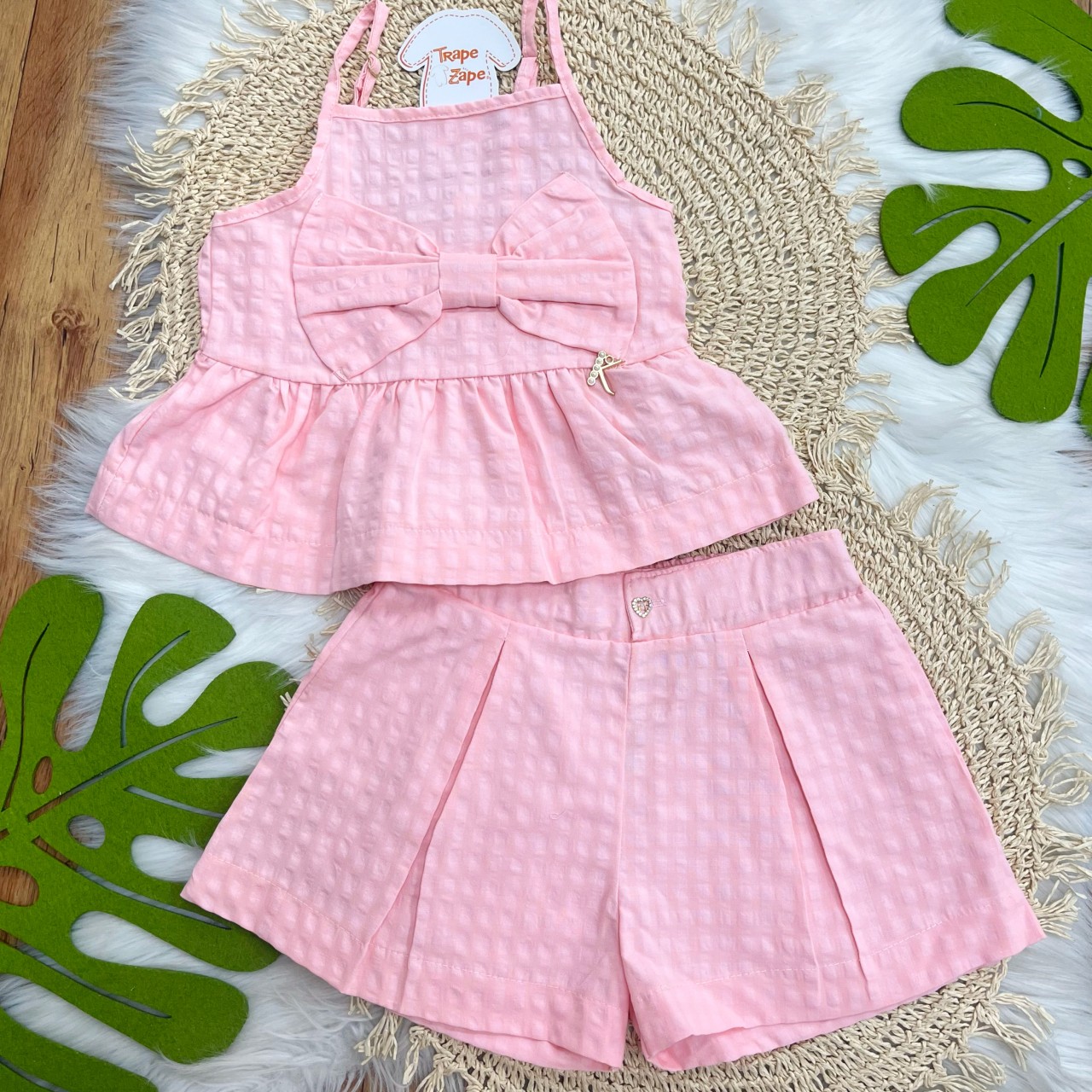 Conj. Blusa Alcinha Laço e Short - rosa xadrez